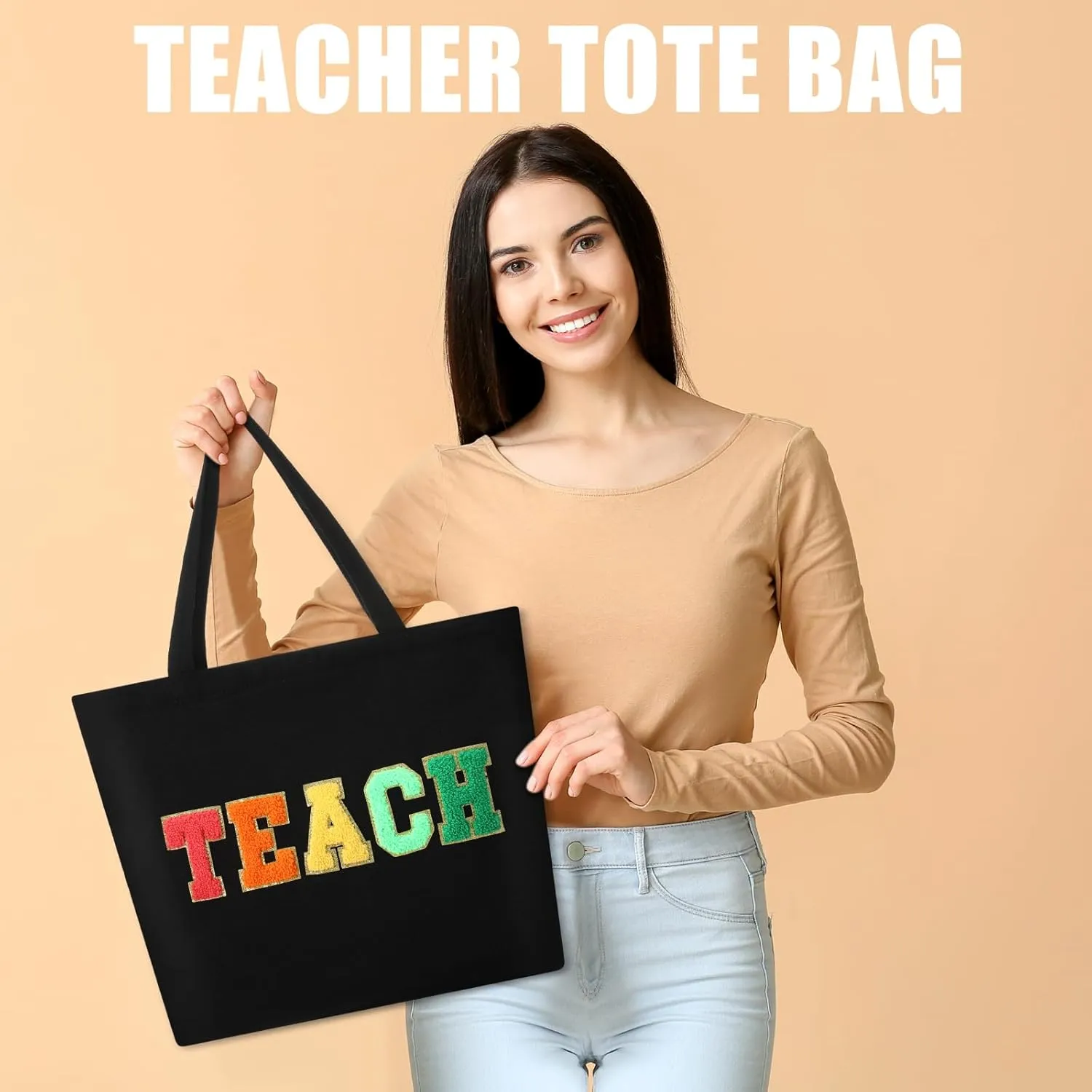10 Pcs Teacher Tote Bags Women Teacher Appreciation End of the Year Gifts Canvas Letter Patches Handbag