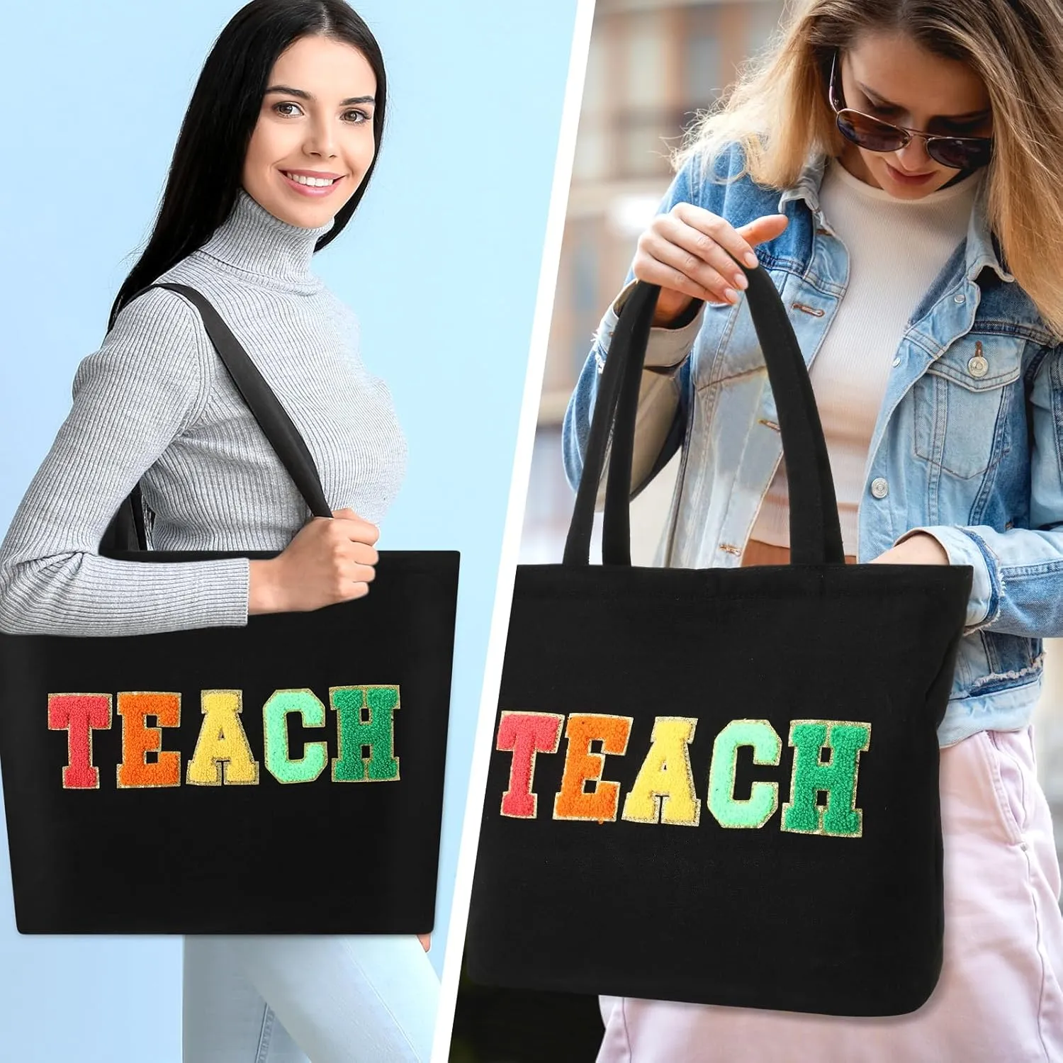 10 Pcs Teacher Tote Bags Women Teacher Appreciation End of the Year Gifts Canvas Letter Patches Handbag