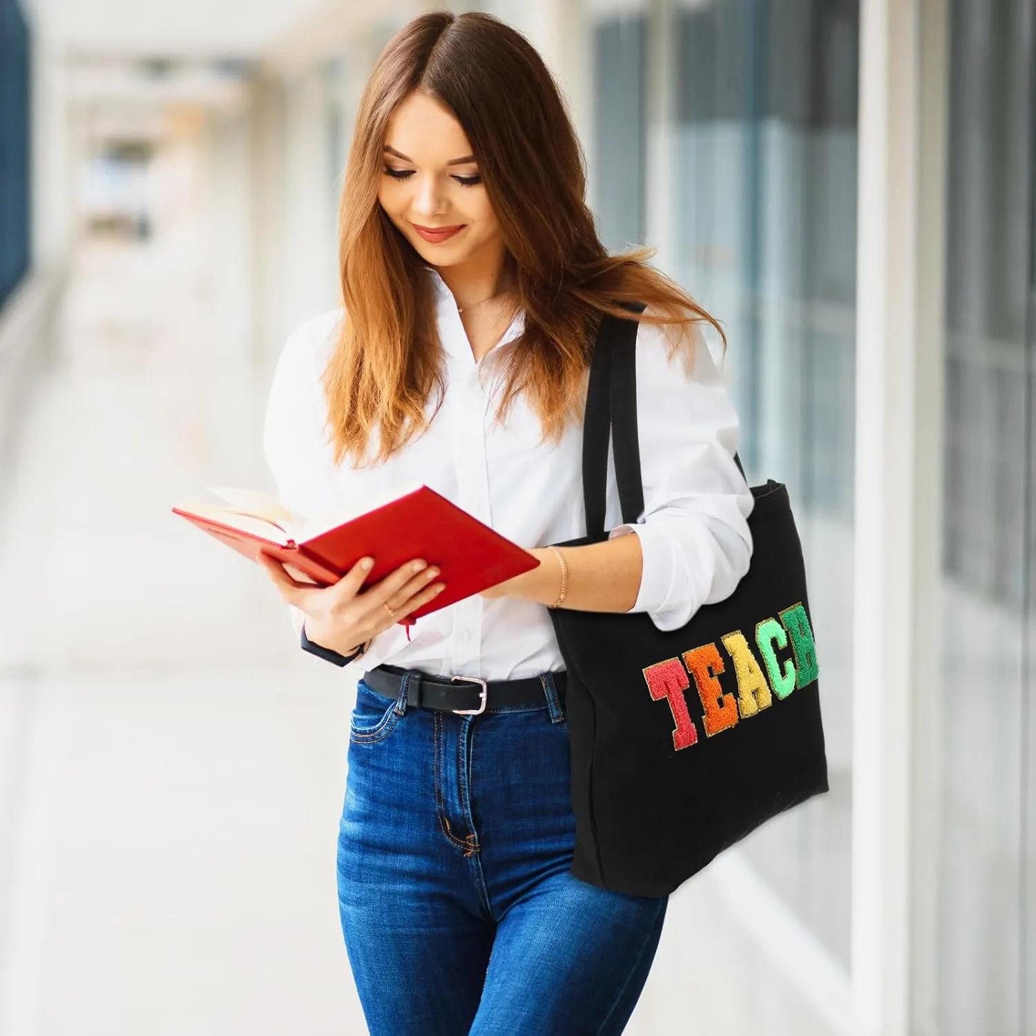 10 Pcs Teacher Tote Bags Women Teacher Appreciation End of the Year Gifts Canvas Letter Patches Handbag