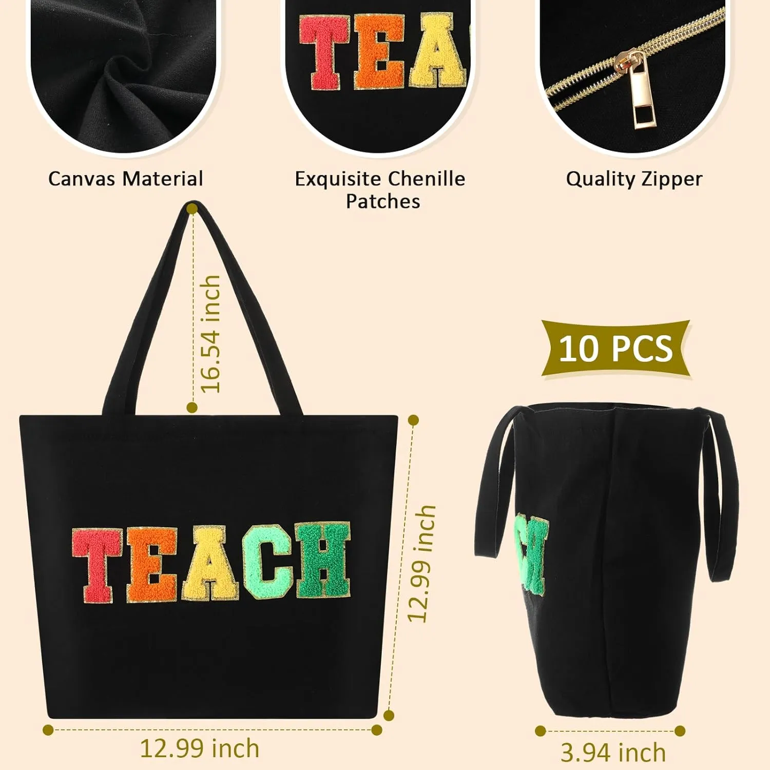 10 Pcs Teacher Tote Bags Women Teacher Appreciation End of the Year Gifts Canvas Letter Patches Handbag