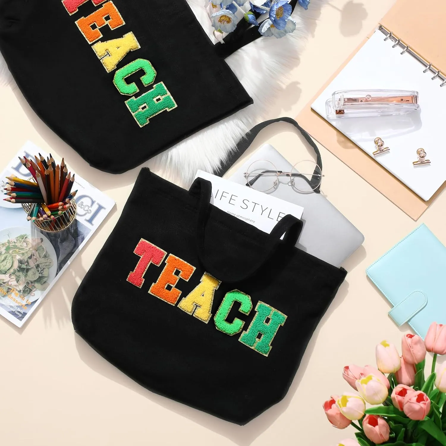 10 Pcs Teacher Tote Bags Women Teacher Appreciation End of the Year Gifts Canvas Letter Patches Handbag