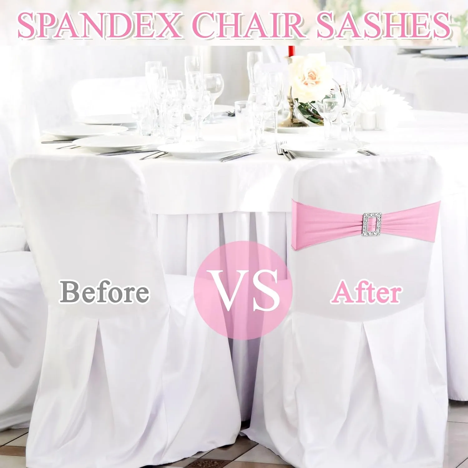 100 Pcs Spandex Chair Sashes with Square Buckle Slider Stretch Chair Cover Band Universal Elastic Ties Straps Bows for Wedding Banquet Event Party Decoration(Pink)