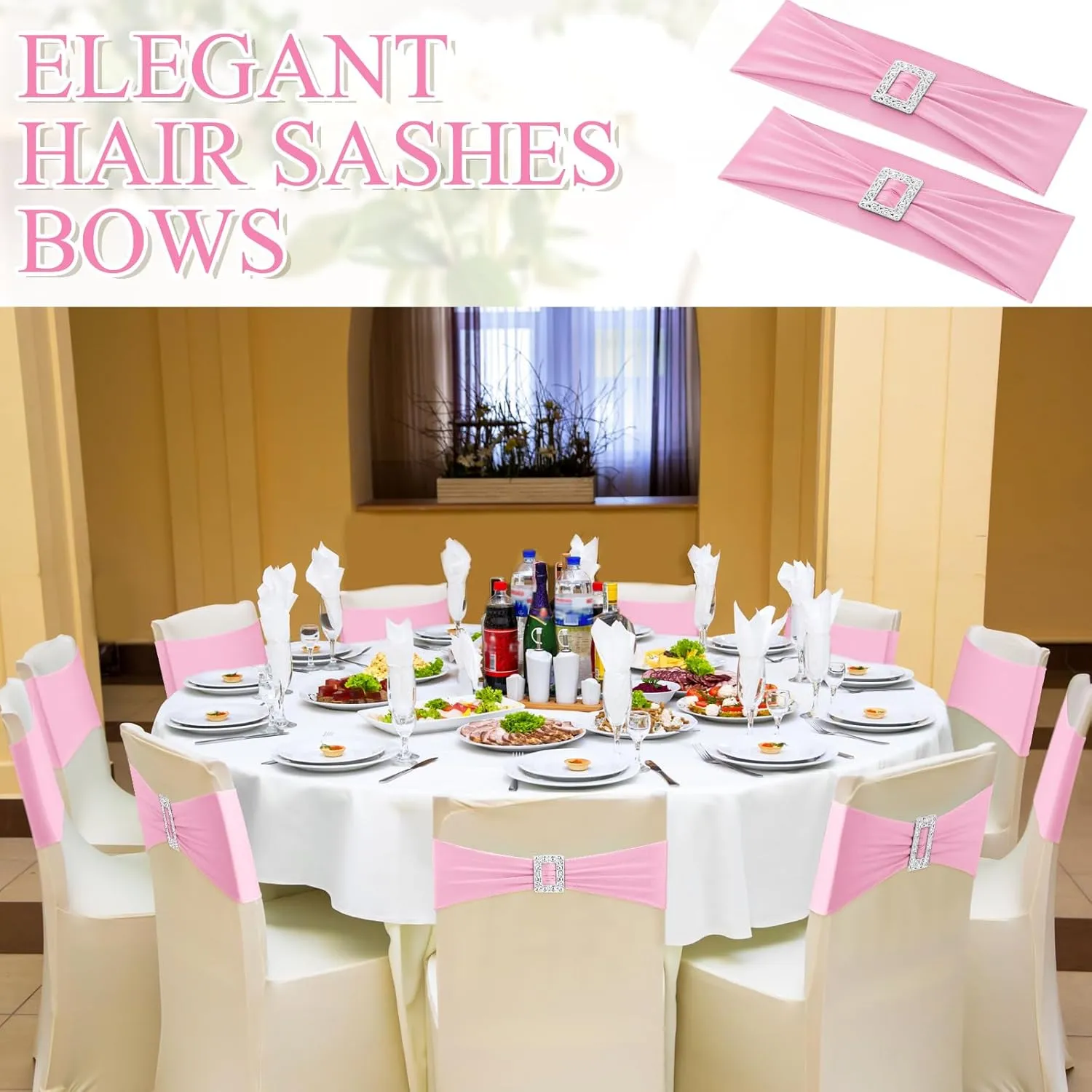 100 Pcs Spandex Chair Sashes with Square Buckle Slider Stretch Chair Cover Band Universal Elastic Ties Straps Bows for Wedding Banquet Event Party Decoration(Pink)