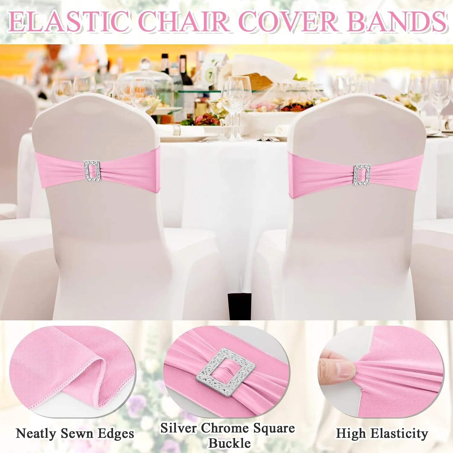 100 Pcs Spandex Chair Sashes with Square Buckle Slider Stretch Chair Cover Band Universal Elastic Ties Straps Bows for Wedding Banquet Event Party Decoration(Pink)