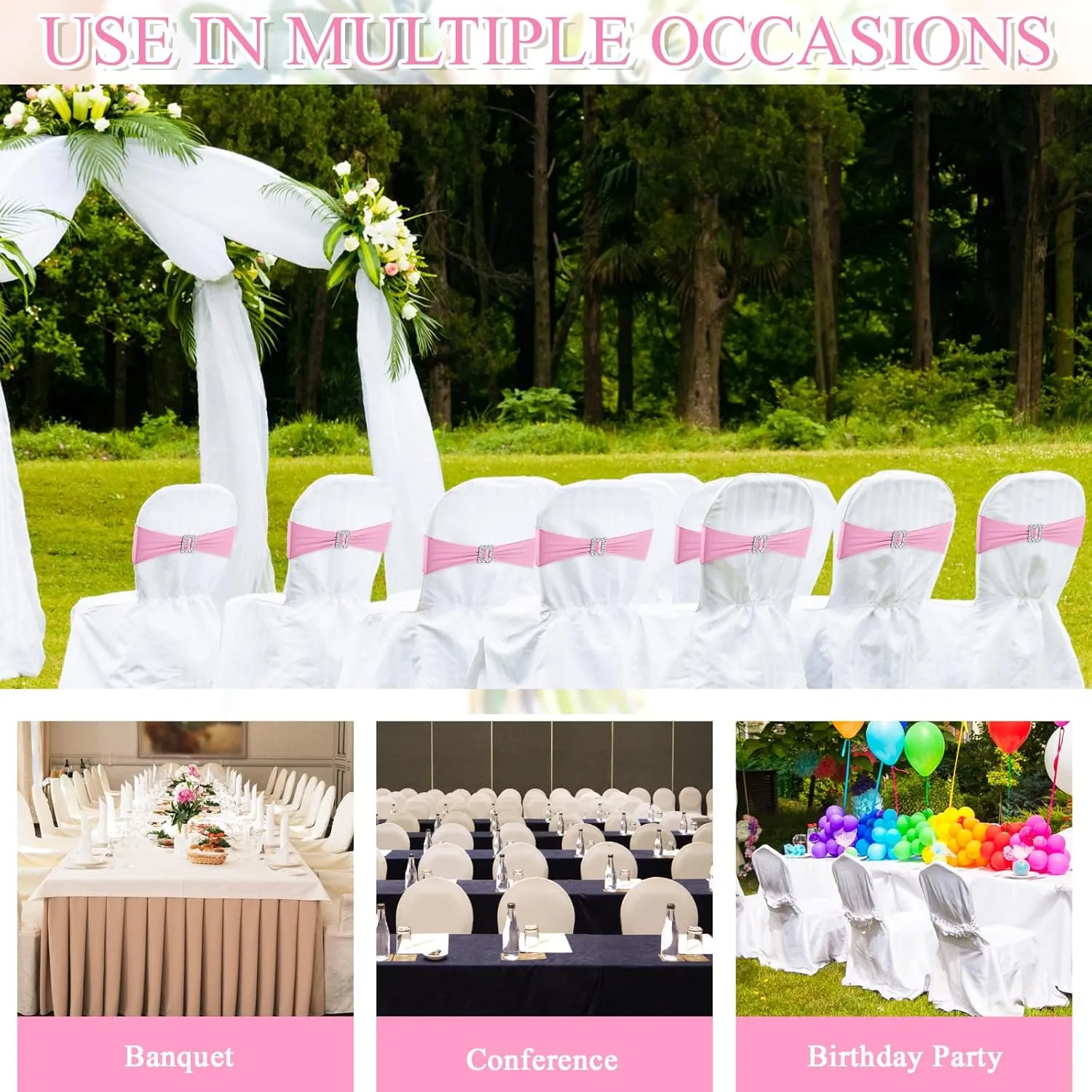 100 Pcs Spandex Chair Sashes with Square Buckle Slider Stretch Chair Cover Band Universal Elastic Ties Straps Bows for Wedding Banquet Event Party Decoration(Pink)