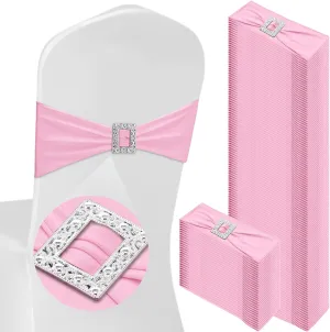 100 Pcs Spandex Chair Sashes with Square Buckle Slider Stretch Chair Cover Band Universal Elastic Ties Straps Bows for Wedding Banquet Event Party Decoration(Pink)