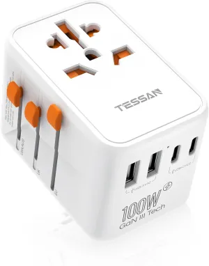 100W GaN Universal Travel Adapter, TESSAN International Power Adapter with 5 USB(3 USB C) Charging Ports, Worldwide Outlet for US to European Europe UK AUS Ireland(Type C/G/A/I)