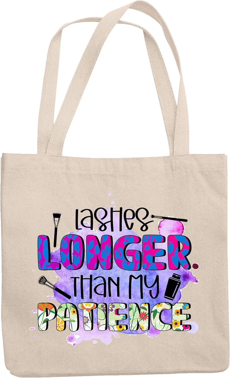 12oz Canvas Tote Bag - Artsy Watercolor Lashes Longer Than My Patience Quote Text & Girly Graphic Design - Beauty Themed Merch for Makeup Artist or Cosmetologist, Gift for Makeup Lovers & Beauticians