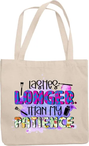 12oz Canvas Tote Bag - Artsy Watercolor Lashes Longer Than My Patience Quote Text & Girly Graphic Design - Beauty Themed Merch for Makeup Artist or Cosmetologist, Gift for Makeup Lovers & Beauticians