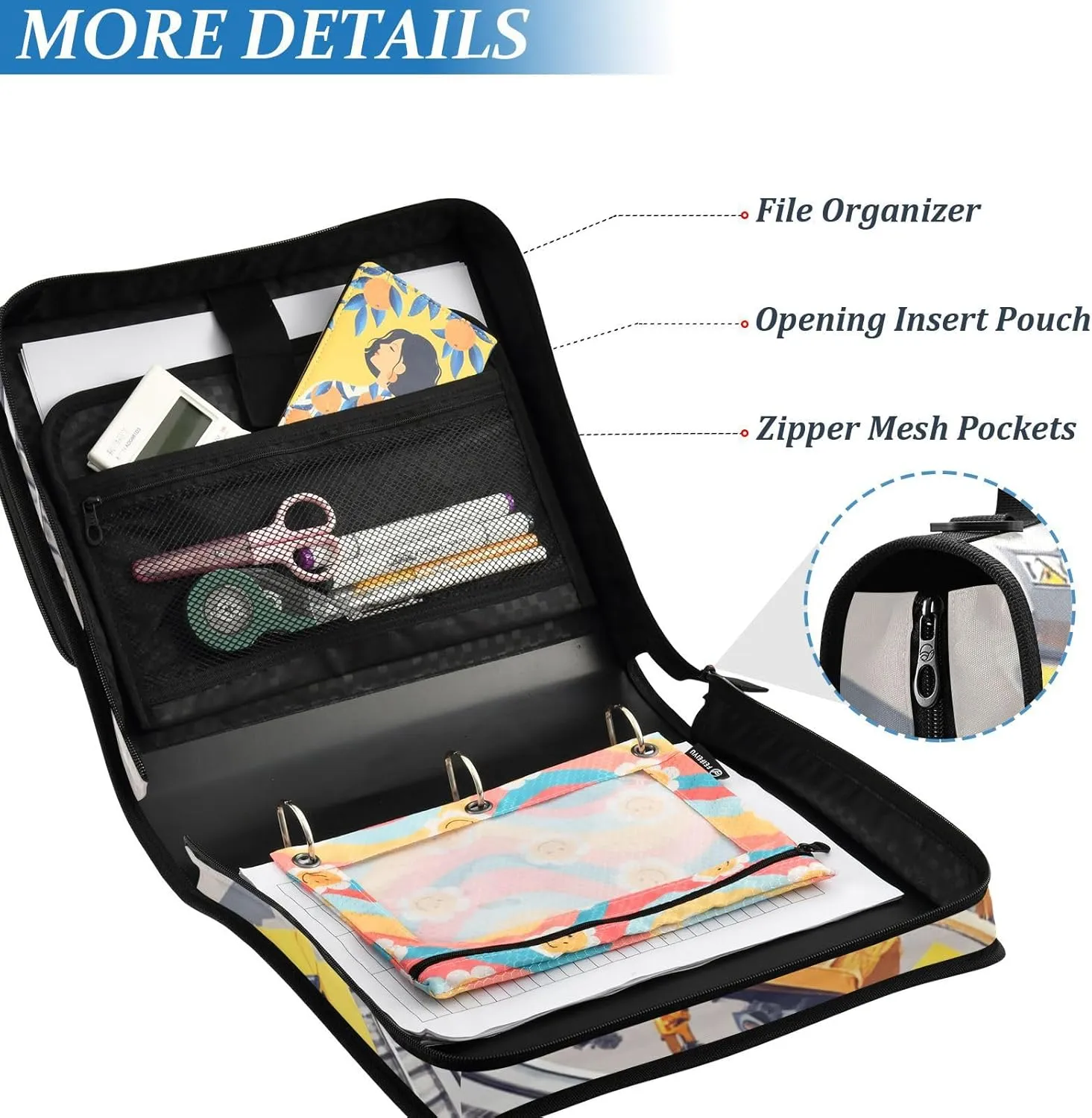 1.5-Inch 3-Rings Zipper Binder Organizer with Handle and Removable Shoulder Strap Waterproof Zippered Portfolio for Middle School Construction Scene Build A Railway Dump Truck Road Roller