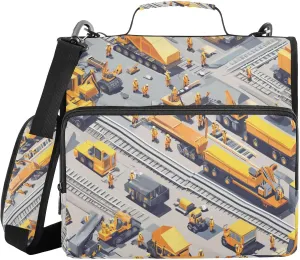 1.5-Inch 3-Rings Zipper Binder Organizer with Handle and Removable Shoulder Strap Waterproof Zippered Portfolio for Middle School Construction Scene Build A Railway Dump Truck Road Roller