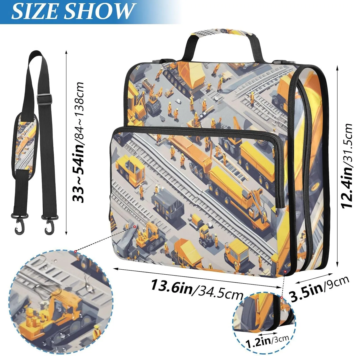 1.5-Inch 3-Rings Zipper Binder Organizer with Handle and Removable Shoulder Strap Waterproof Zippered Portfolio for Middle School Construction Scene Build A Railway Dump Truck Road Roller