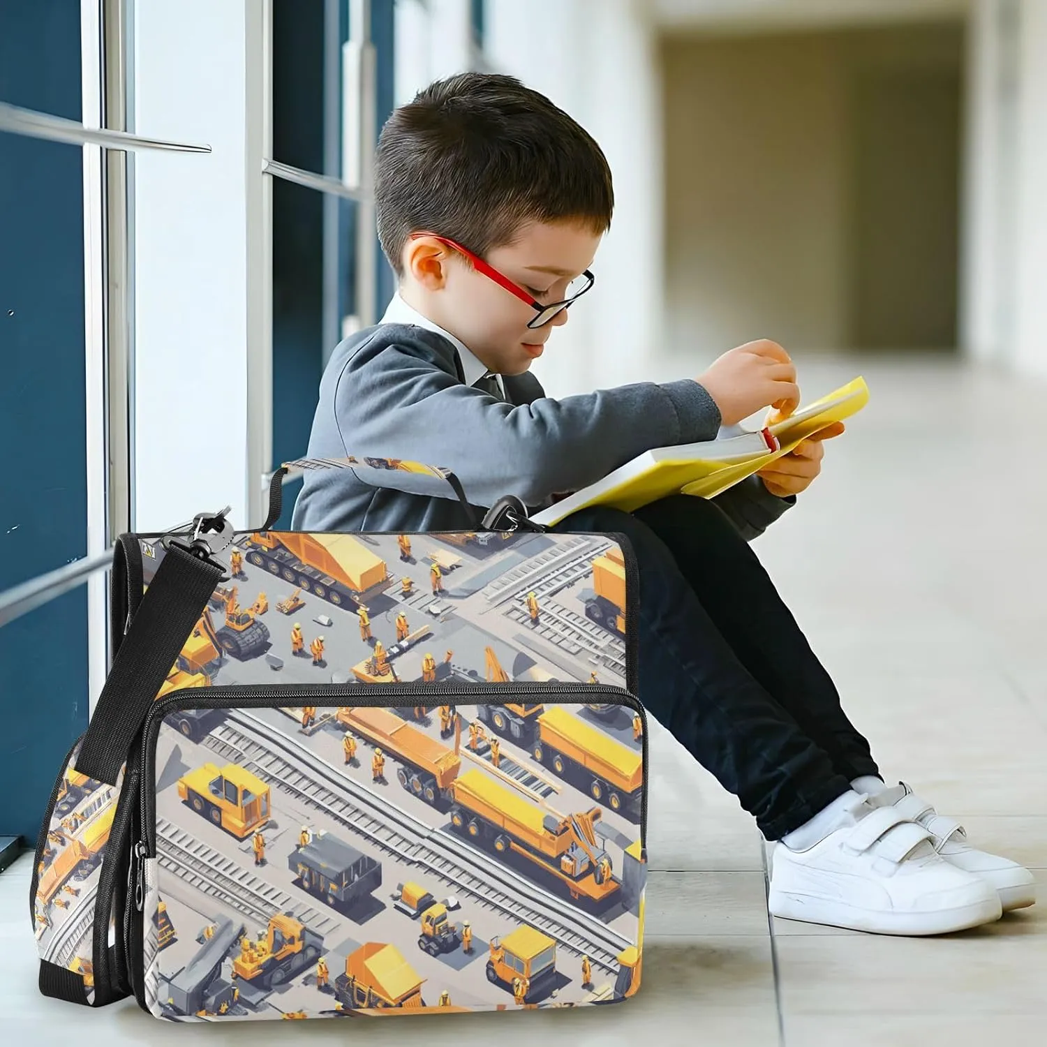 1.5-Inch 3-Rings Zipper Binder Organizer with Handle and Removable Shoulder Strap Waterproof Zippered Portfolio for Middle School Construction Scene Build A Railway Dump Truck Road Roller