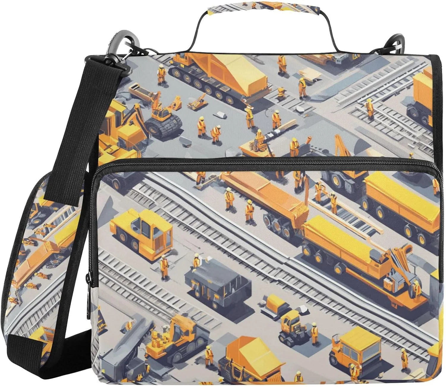1.5-Inch 3-Rings Zipper Binder Organizer with Handle and Removable Shoulder Strap Waterproof Zippered Portfolio for Middle School Construction Scene Build A Railway Dump Truck Road Roller