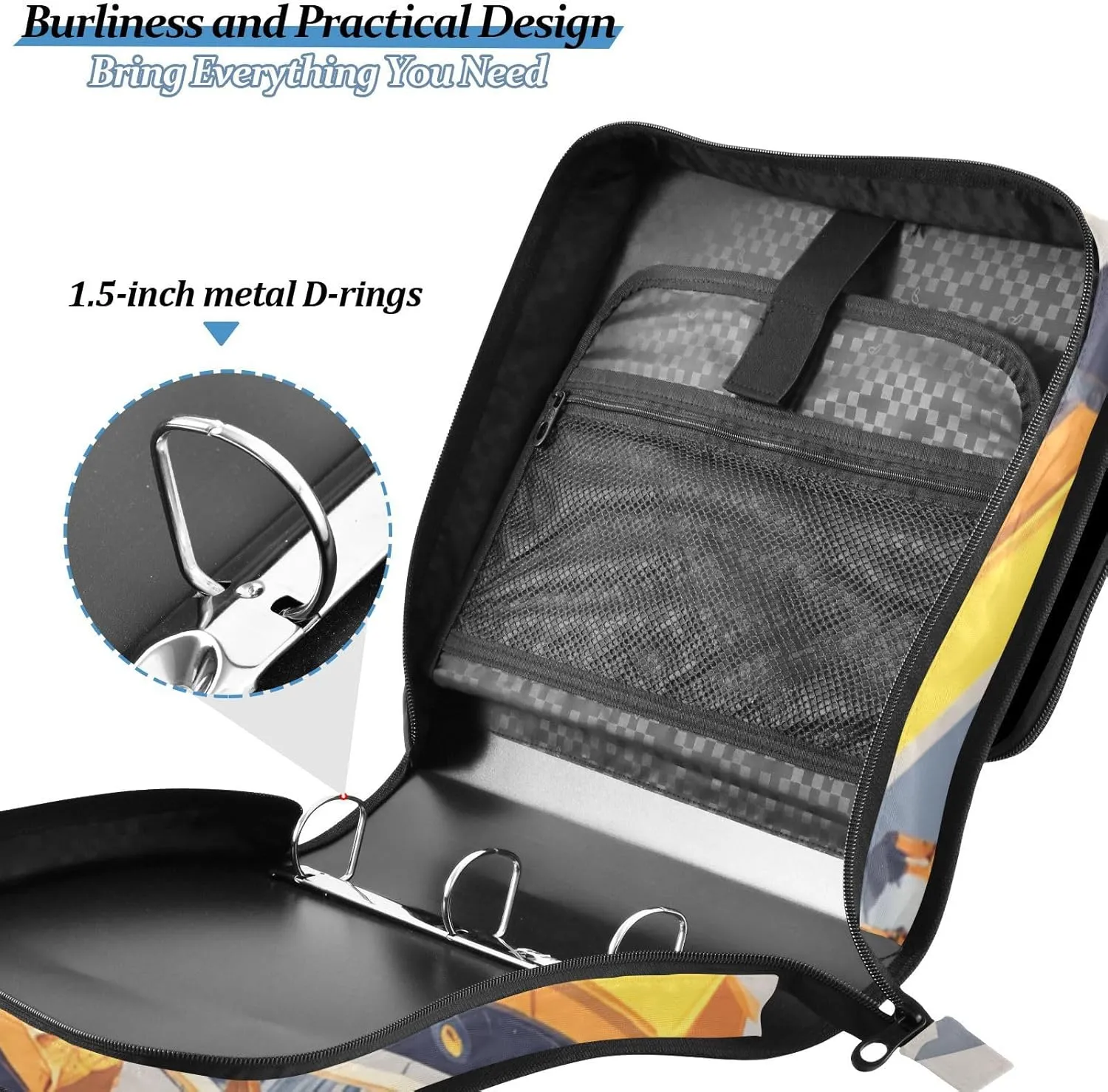 1.5-Inch 3-Rings Zipper Binder Organizer with Handle and Removable Shoulder Strap Waterproof Zippered Portfolio for Middle School Construction Scene Build A Railway Dump Truck Road Roller