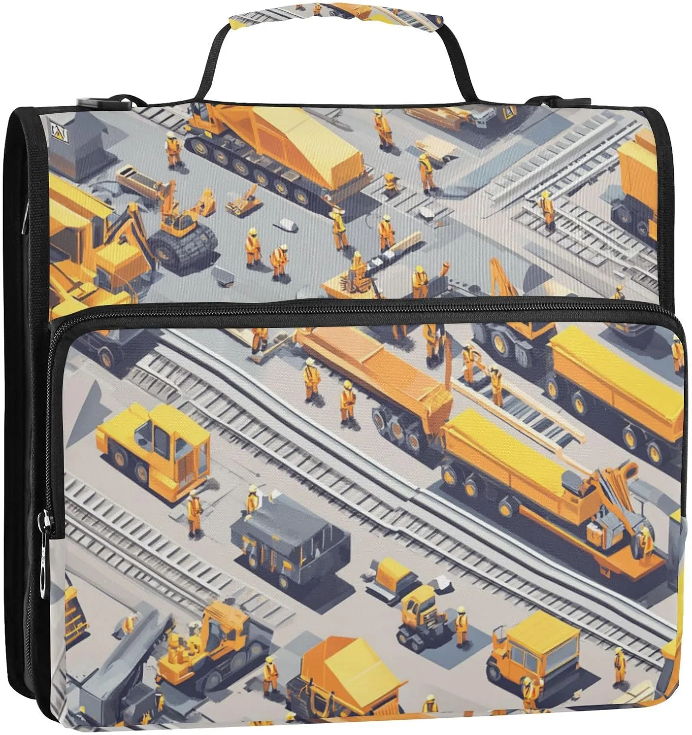 1.5-Inch 3-Rings Zipper Binder Organizer with Handle and Removable Shoulder Strap Waterproof Zippered Portfolio for Middle School Construction Scene Build A Railway Dump Truck Road Roller