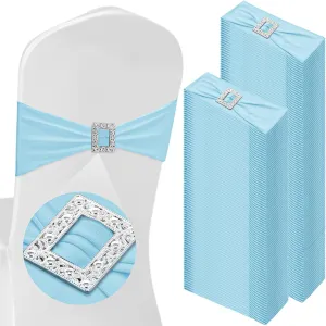 150 Pcs Spandex Chair Sashes with Square Buckle Slider Stretch Chair Cover Band Universal Elastic Ties Straps Bows for Wedding Banquet Event Party Decoration(Blue)