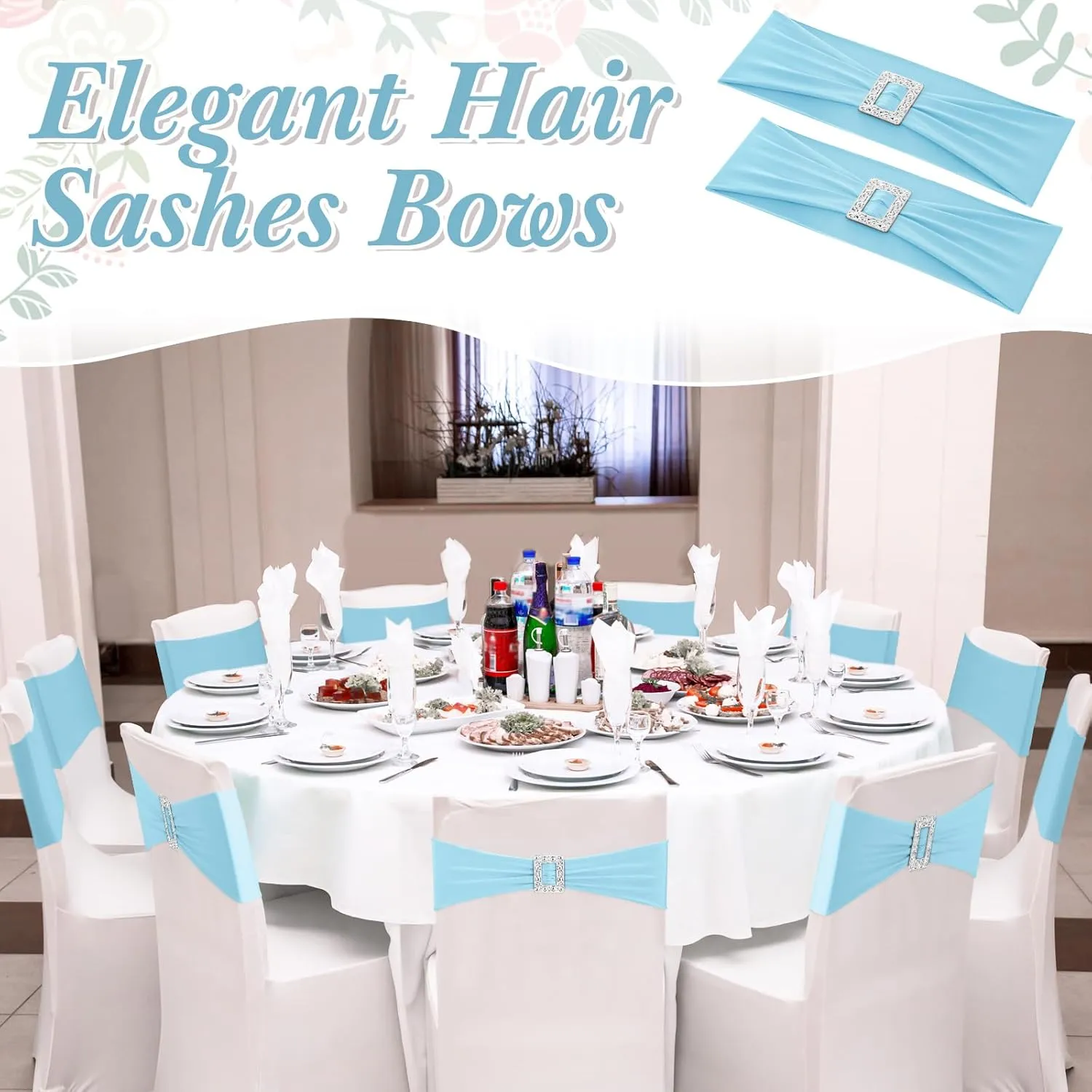 150 Pcs Spandex Chair Sashes with Square Buckle Slider Stretch Chair Cover Band Universal Elastic Ties Straps Bows for Wedding Banquet Event Party Decoration(Blue)
