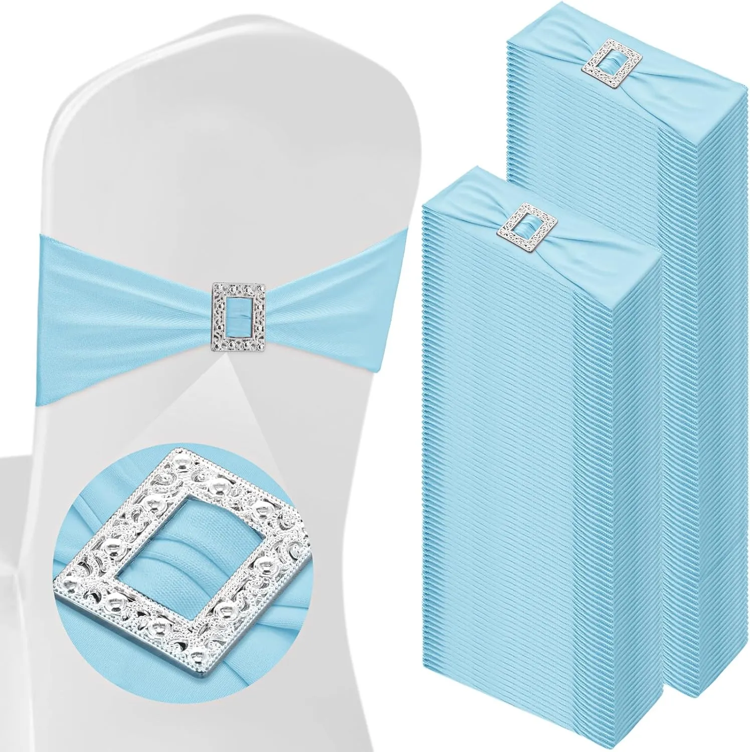 150 Pcs Spandex Chair Sashes with Square Buckle Slider Stretch Chair Cover Band Universal Elastic Ties Straps Bows for Wedding Banquet Event Party Decoration(Blue)