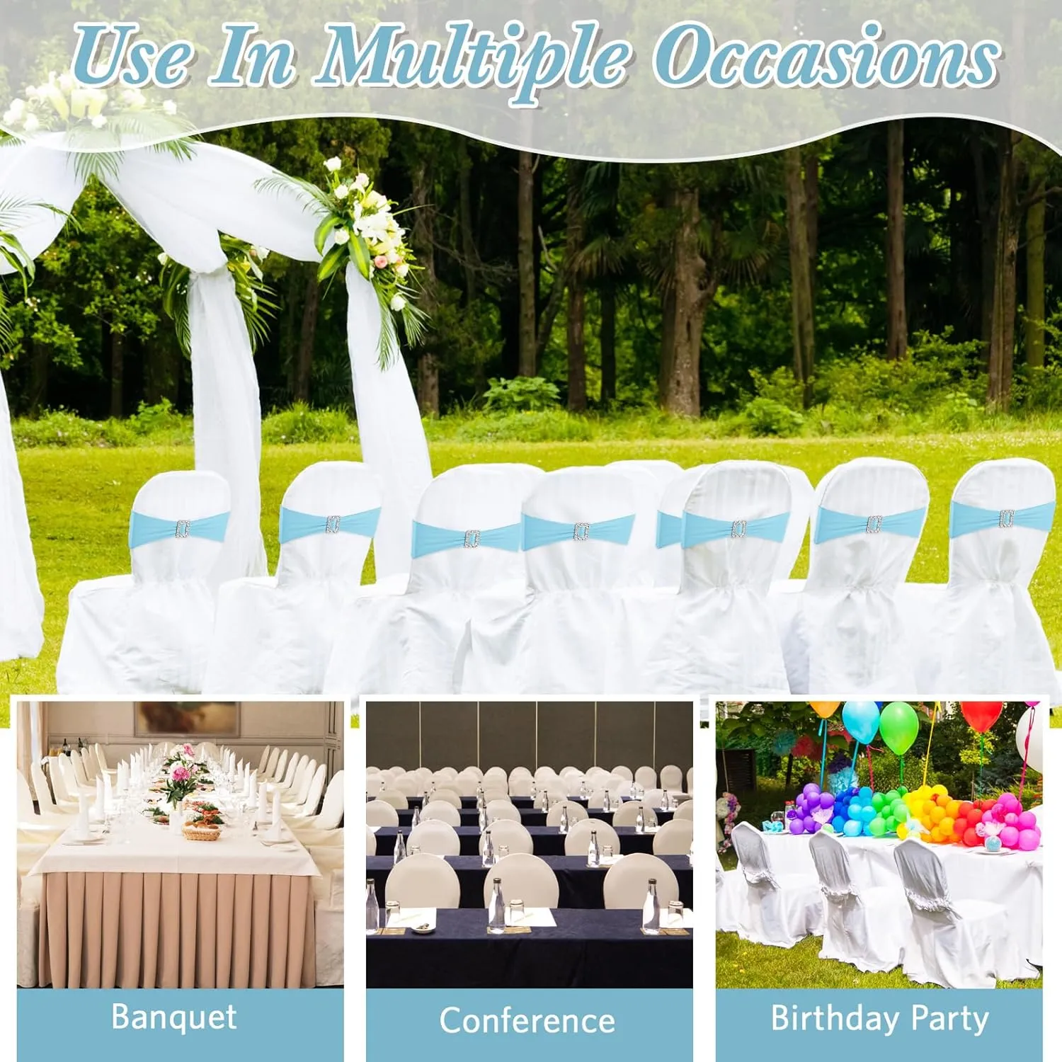 150 Pcs Spandex Chair Sashes with Square Buckle Slider Stretch Chair Cover Band Universal Elastic Ties Straps Bows for Wedding Banquet Event Party Decoration(Blue)