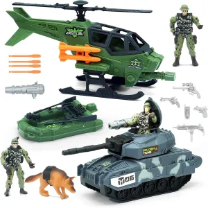 16-in-1 Army Toy Set, Military Toys, Including Army Tank, Helicopter, Soldier, Boat and Dog, Birthday Gifts Playset