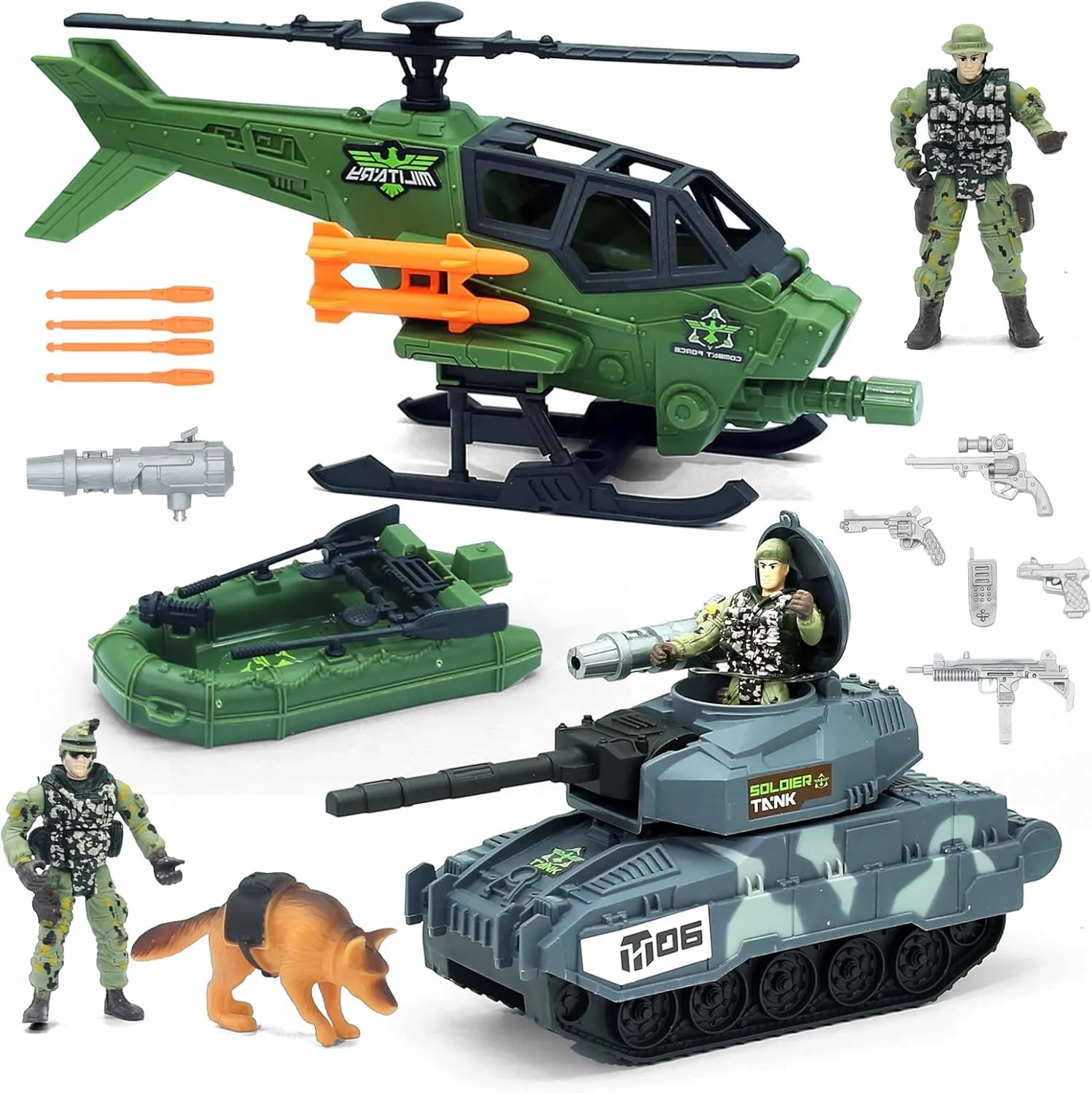 16-in-1 Army Toy Set, Military Toys, Including Army Tank, Helicopter, Soldier, Boat and Dog, Birthday Gifts Playset