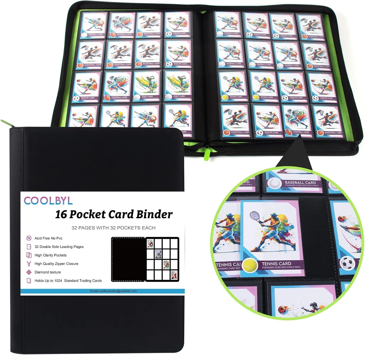 16 Pocket Card Binder - Premium Trading Card Binder Holds 1024 Cards, Durable Side-Loading Card Album with Zipper, Perfect for TCG, MTG, and Sports Cards, Black & Green