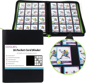 16 Pocket Card Binder - Premium Trading Card Binder Holds 1024 Cards, Durable Side-Loading Card Album with Zipper, Perfect for TCG, MTG, and Sports Cards, Black & Green
