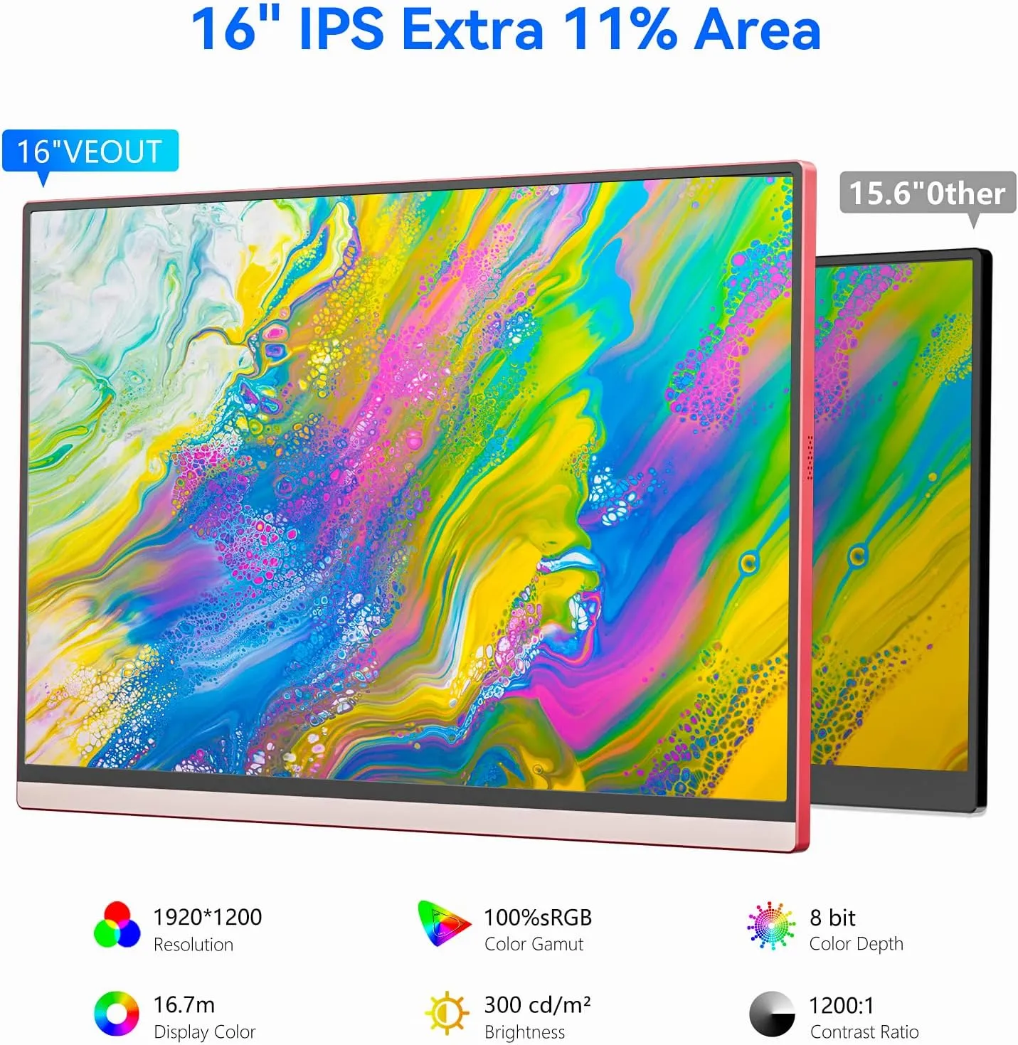 16Inch Pink Portable Monitor for Laptop, 1920x1200P IPS 16:10 Computer External Screen, 100% sRGB Stand Support Freesync, for Girl Phone, PC Home Use