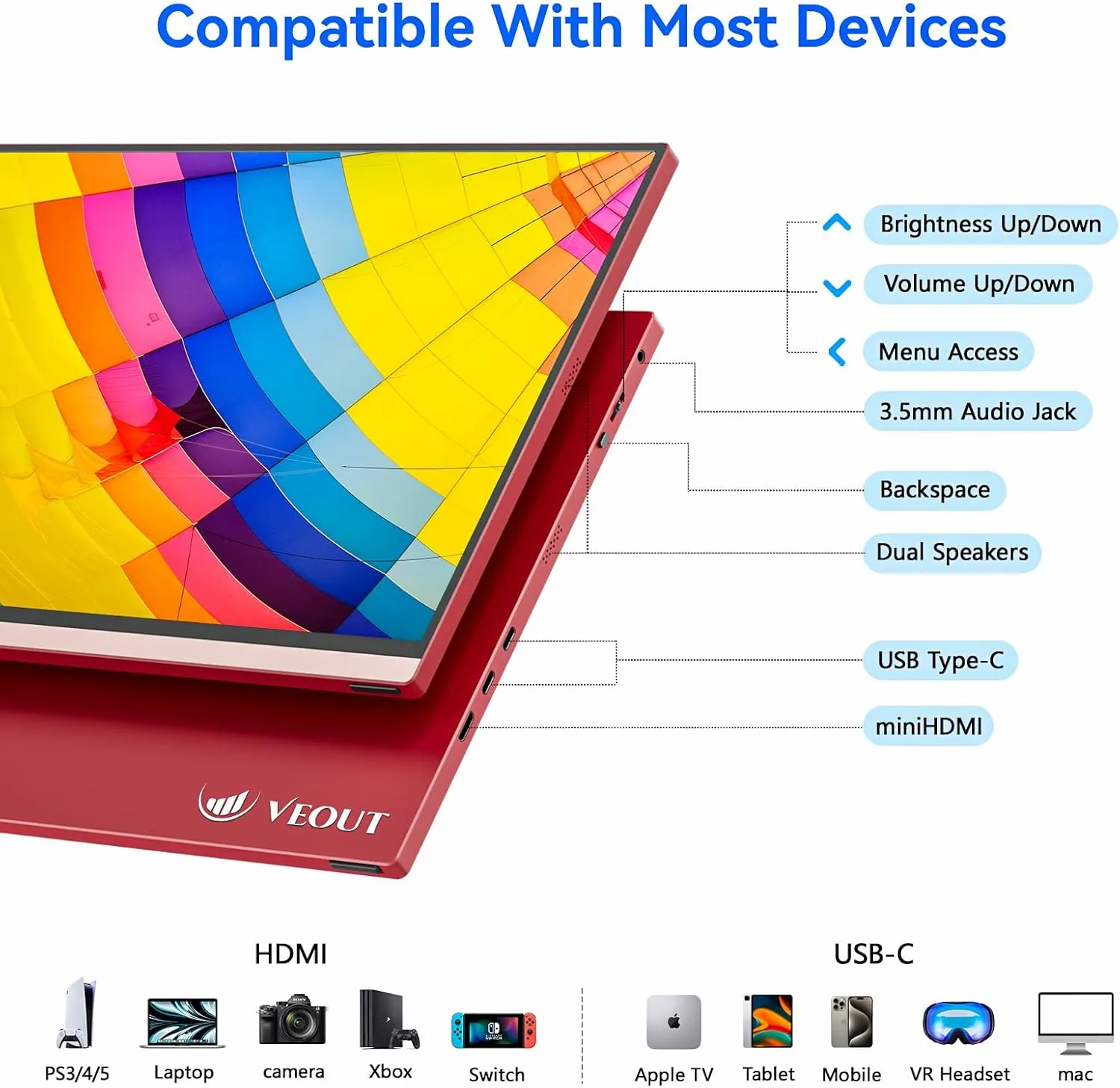 16Inch Pink Portable Monitor for Laptop, 1920x1200P IPS 16:10 Computer External Screen, 100% sRGB Stand Support Freesync, for Girl Phone, PC Home Use