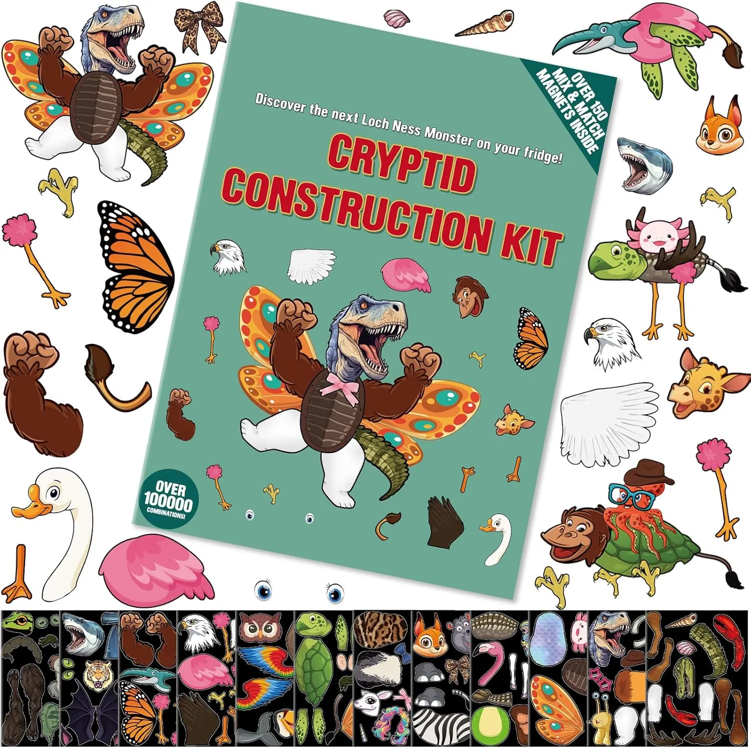170  Pcs Cryptid Construction Kit Magnets, 12 Sheets Monster Funny Fridge Magnet Creature Creation Kit, Over 10000 Combinations, Magnetic Animals