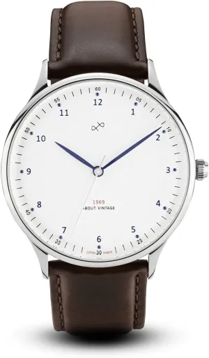 1969 Mens Dress Watch, Quartz Swiss Movement, (Steel/White, 39 mm)