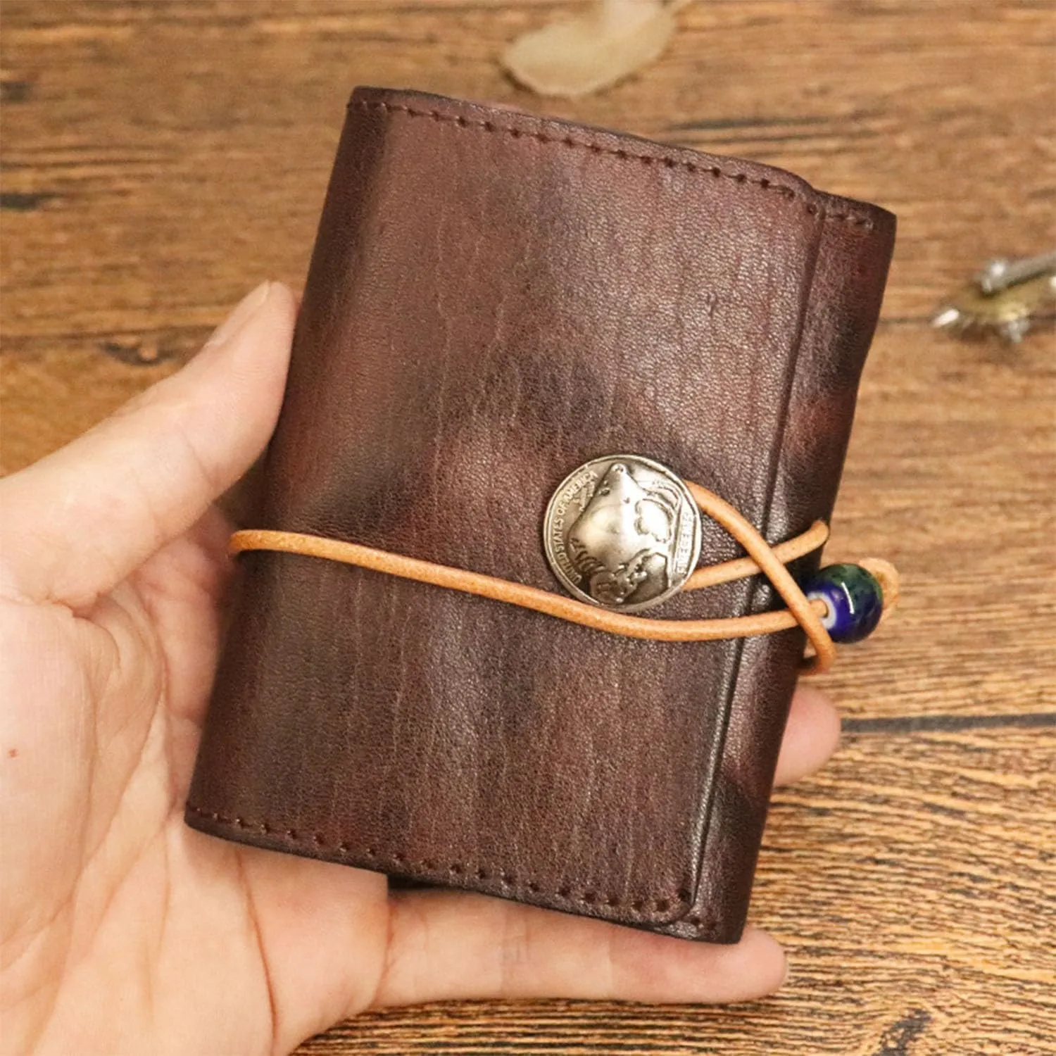 1PCS Leather Change Purse Drawstring Coin Purse Leather Coin Purse for Women Triple Compartment Leather Coin Purse (Coffee color)