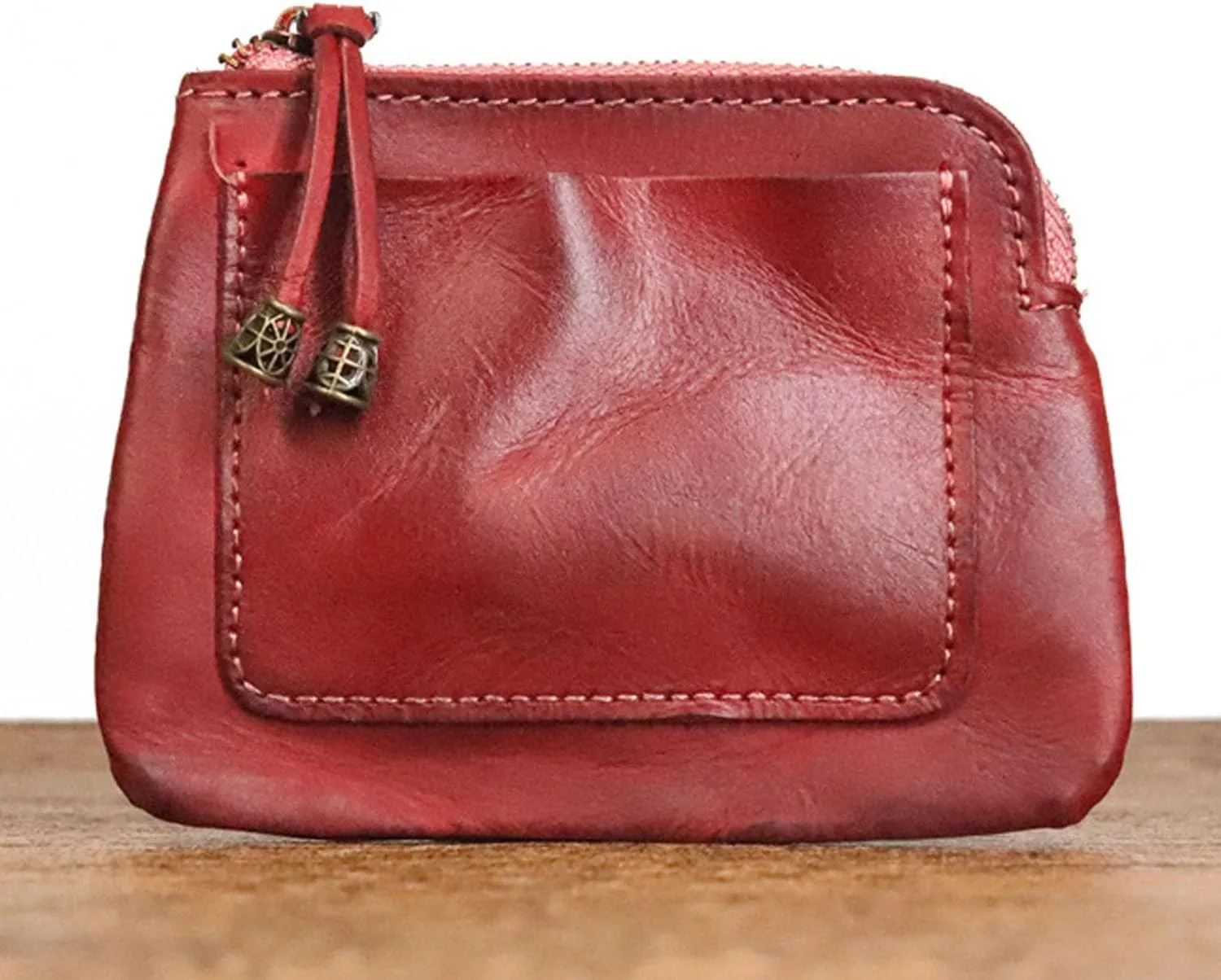 1PCS Mini Coin Purse for Women Zipper Leather Coin Purse Leather Change Purse Coin Purse for Coins and Various Cards Leather Coin Pouch (Red)