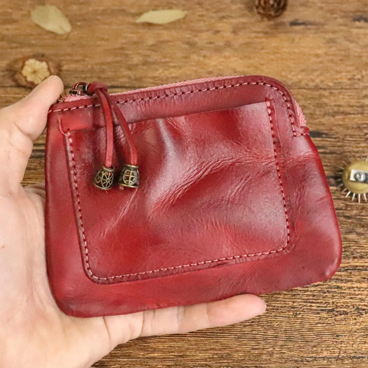 1PCS Mini Coin Purse for Women Zipper Leather Coin Purse Leather Change Purse Coin Purse for Coins and Various Cards Leather Coin Pouch (Red)