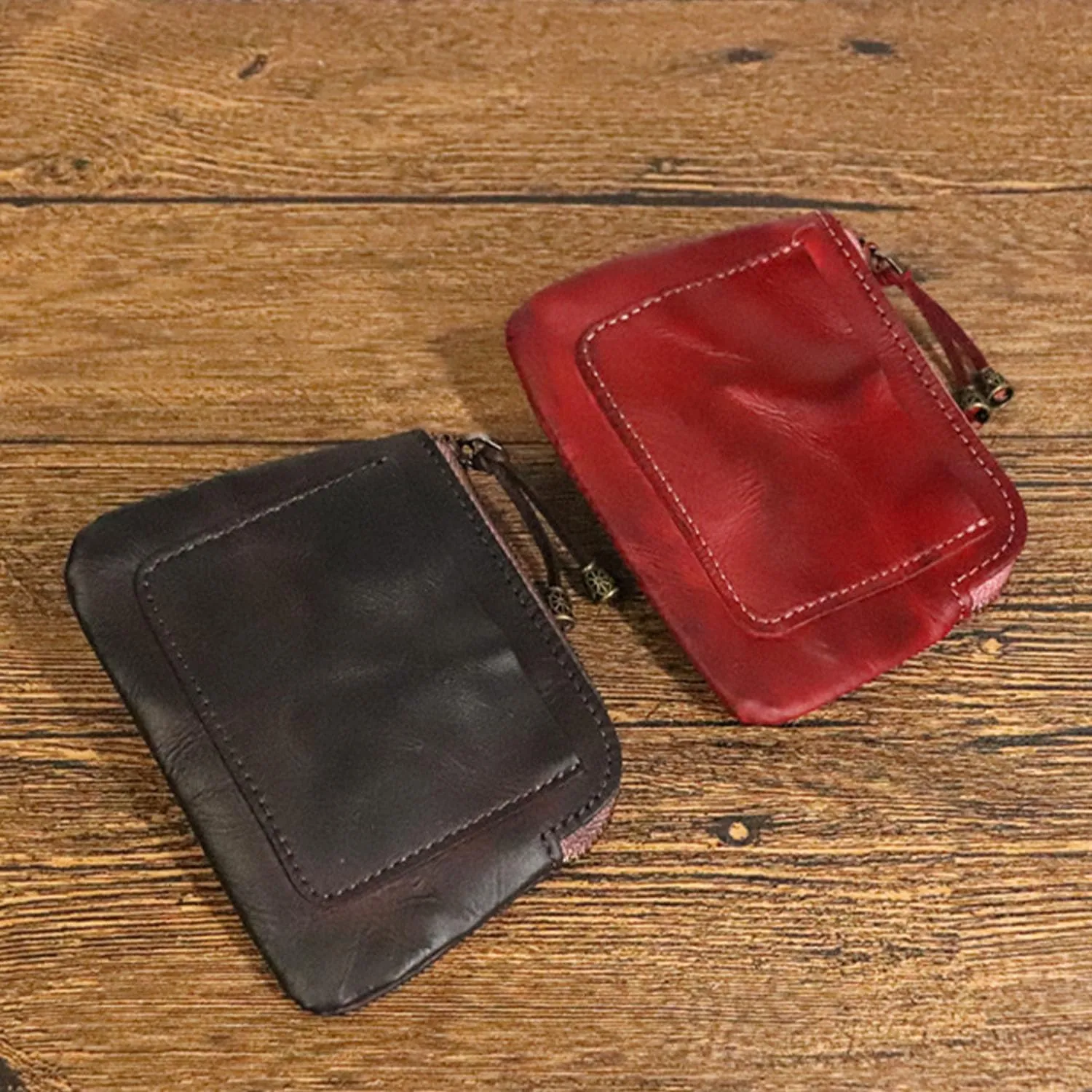 1PCS Mini Coin Purse for Women Zipper Leather Coin Purse Leather Change Purse Coin Purse for Coins and Various Cards Leather Coin Pouch (Red)