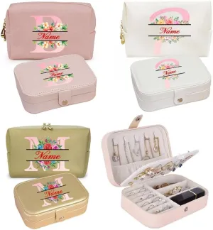 2-In-1 Floral Initial Monogram Personalized Name Jewelry Box and Makeup Bag Set Gift For Mother Bridesmaids Friends Teachers(pink-O)
