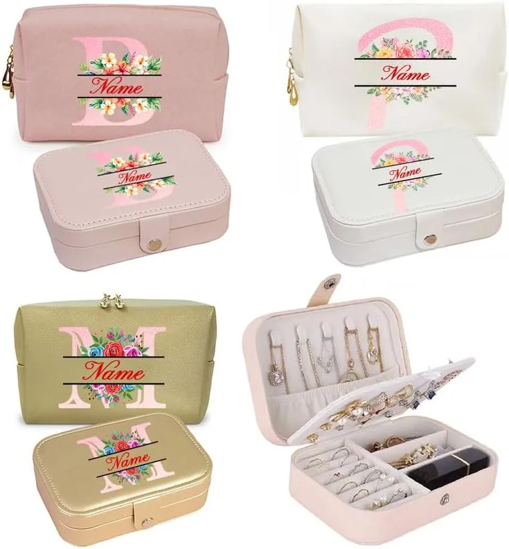 2-In-1 Floral Initial Monogram Personalized Name Jewelry Box and Makeup Bag Set Gift For Mother Bridesmaids Friends Teachers(pink-O)