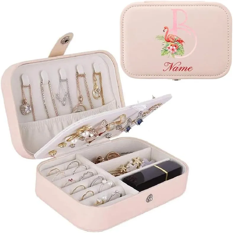 2-In-1 Floral Initial Monogram Personalized Name Jewelry Box and Makeup Bag Set Gift For Mother Bridesmaids Friends Teachers(pink-O)