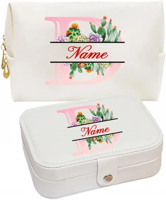 2-In-1 Floral Initial Monogram Personalized Name Jewelry Box and Makeup Bag Set Gift For Mother Bridesmaids Friends Teachers(pink-O)