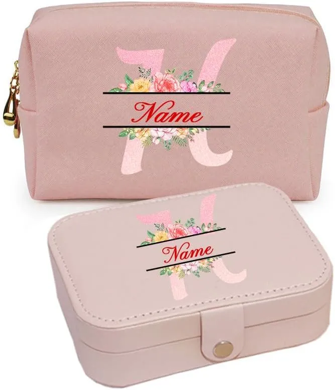 2-In-1 Floral Initial Monogram Personalized Name Jewelry Box and Makeup Bag Set Gift For Mother Bridesmaids Friends Teachers(pink-O)
