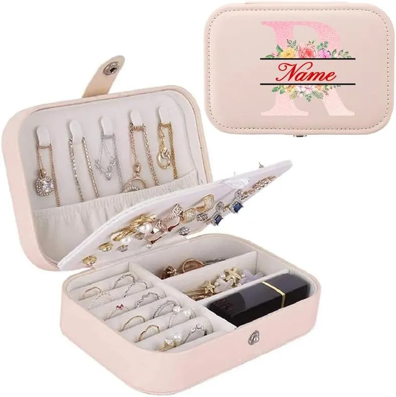 2-In-1 Floral Initial Monogram Personalized Name Jewelry Box and Makeup Bag Set Gift For Mother Bridesmaids Friends Teachers(pink-O)