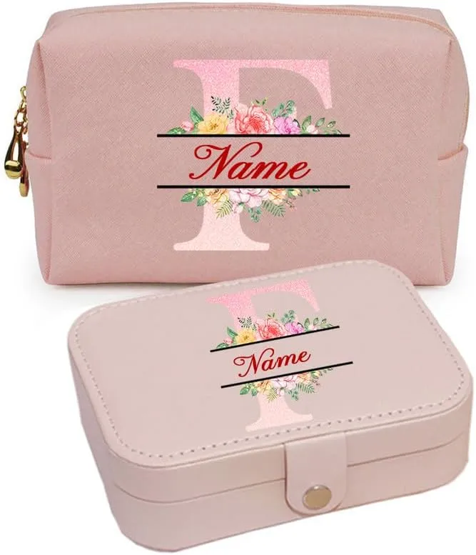 2-In-1 Floral Initial Monogram Personalized Name Jewelry Box and Makeup Bag Set Gift For Mother Bridesmaids Friends Teachers(pink-O)