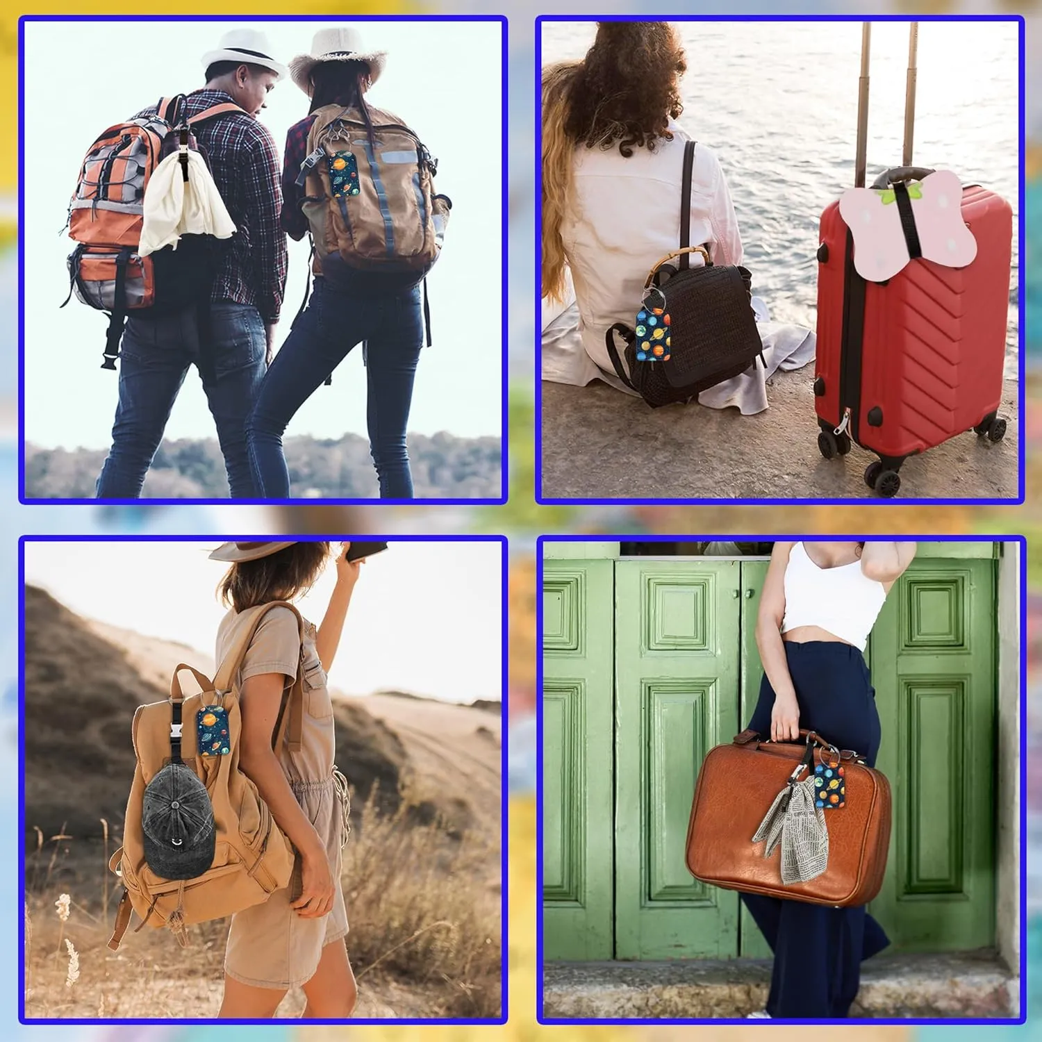 2 Pack Luggage Tag and Add a Bag Luggage Strap Jacket Gripper for Suitcase, Solar System Planets Leather Suitcase Tag with Privacy Name ID Label and Stainless Steel Loop for Travel Bag