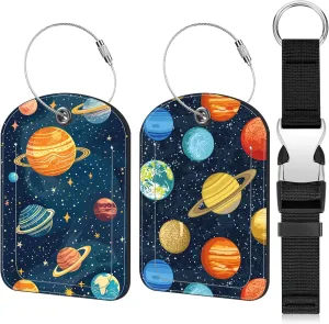 2 Pack Luggage Tag and Add a Bag Luggage Strap Jacket Gripper for Suitcase, Solar System Planets Leather Suitcase Tag with Privacy Name ID Label and Stainless Steel Loop for Travel Bag