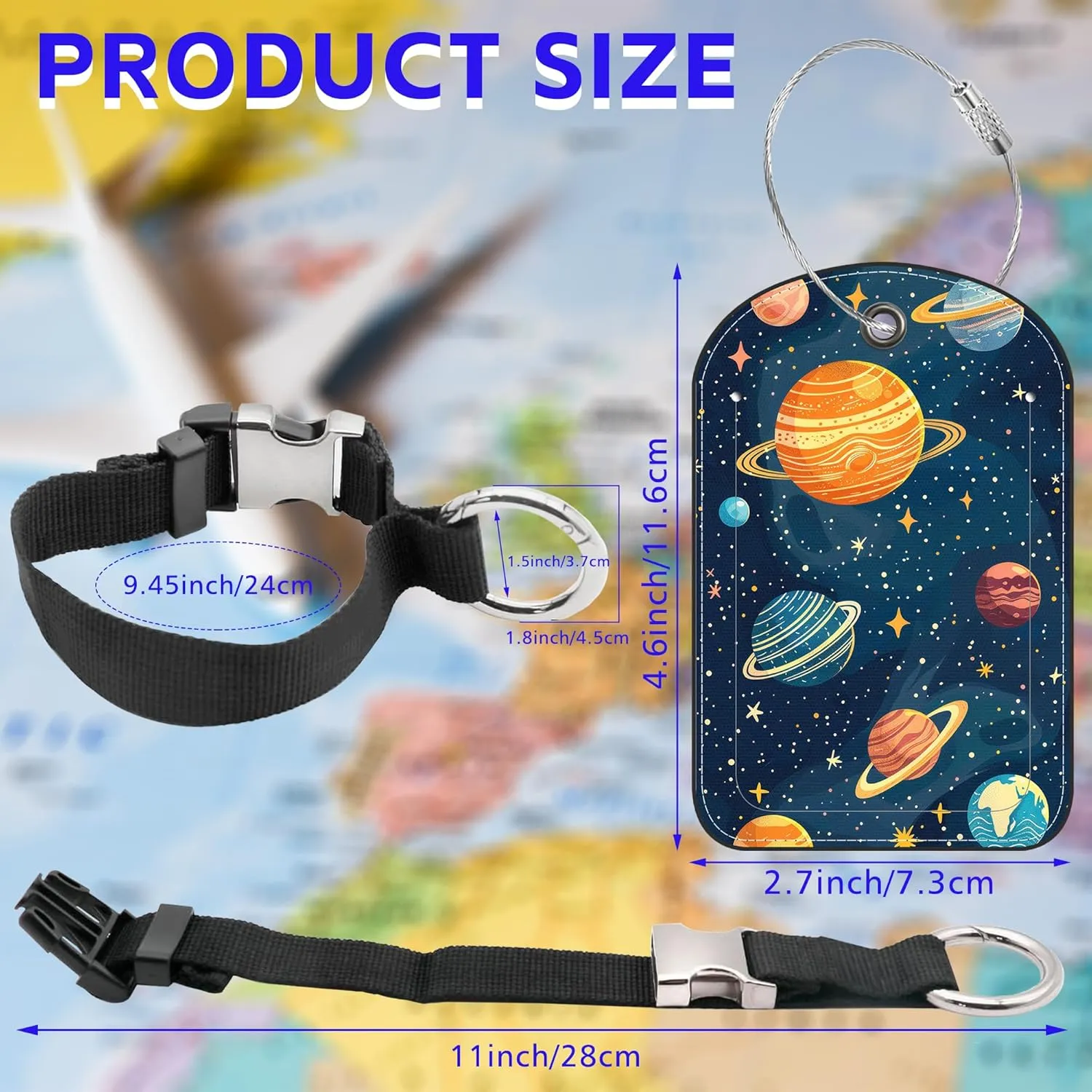 2 Pack Luggage Tag and Add a Bag Luggage Strap Jacket Gripper for Suitcase, Solar System Planets Leather Suitcase Tag with Privacy Name ID Label and Stainless Steel Loop for Travel Bag