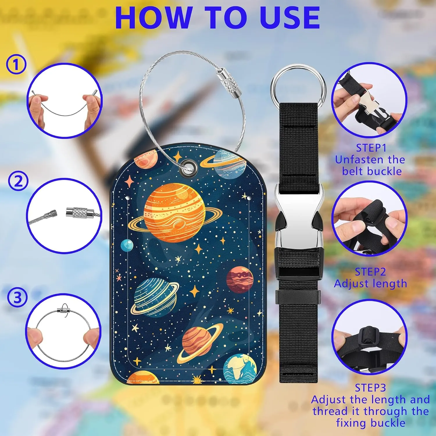 2 Pack Luggage Tag and Add a Bag Luggage Strap Jacket Gripper for Suitcase, Solar System Planets Leather Suitcase Tag with Privacy Name ID Label and Stainless Steel Loop for Travel Bag