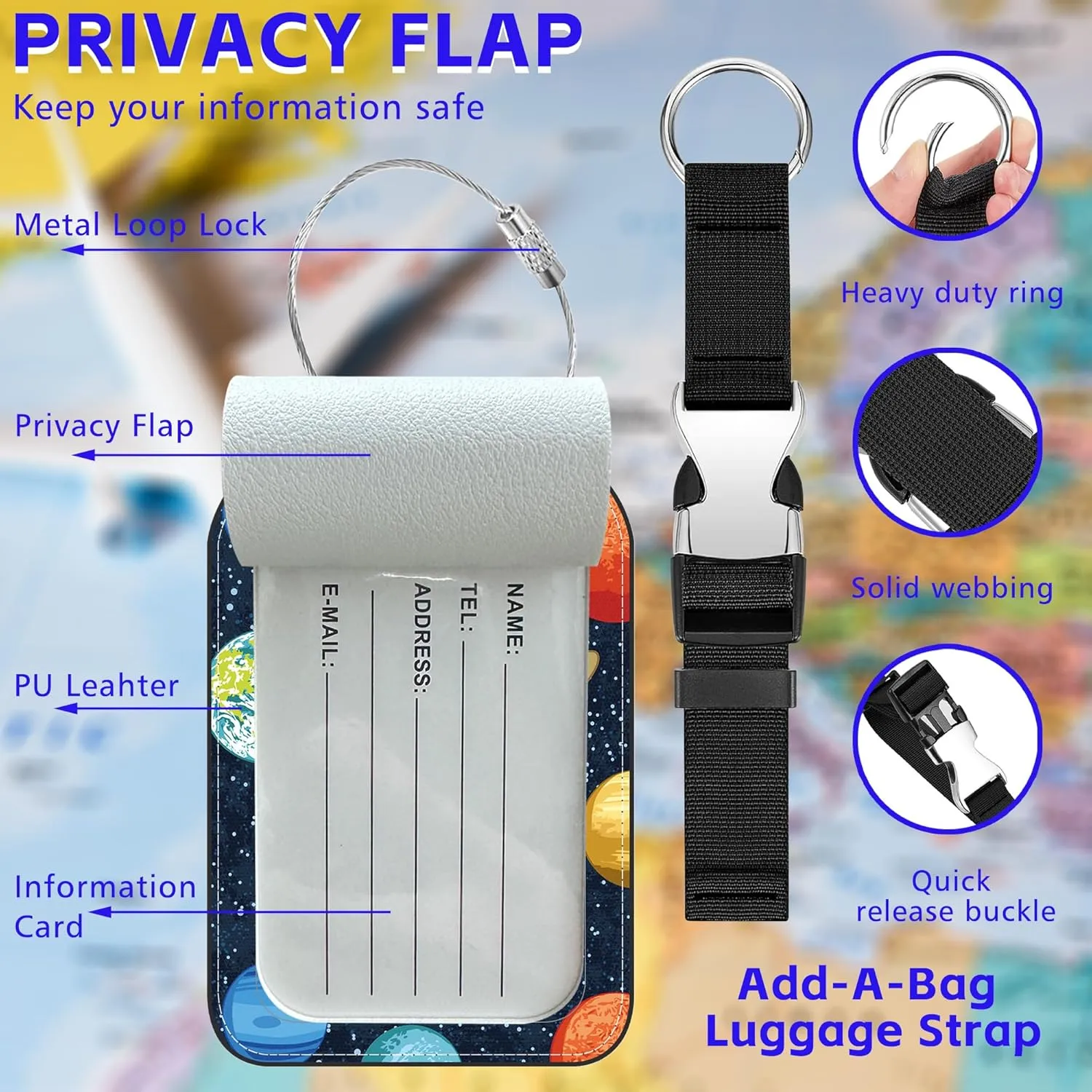 2 Pack Luggage Tag and Add a Bag Luggage Strap Jacket Gripper for Suitcase, Solar System Planets Leather Suitcase Tag with Privacy Name ID Label and Stainless Steel Loop for Travel Bag