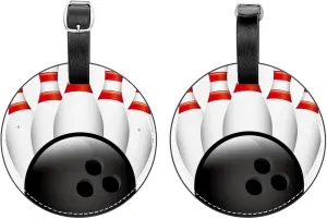 2 Pack PU Leather Luggage Tag for Baggage Bag Suitcase with Name ID Card Bowling Set with Ball Print