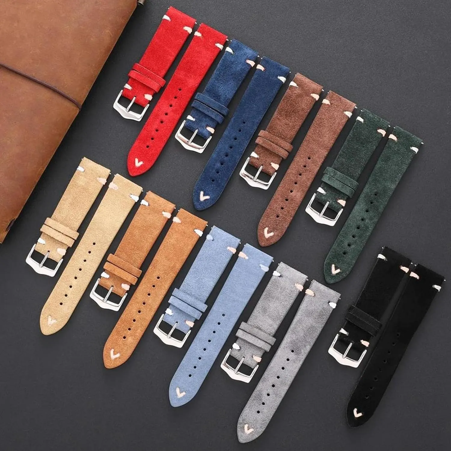 20mm/22mm Colored Suede Leather Skin Friendly Watch Strap with White Sewing Thread for Smart Watch